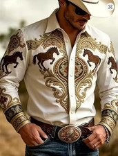 New Men Long-Sleeved Shirt Western Cowboy Style Vintage Pattern Printed Lapel