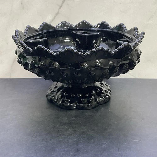 Vintage Fenton Black Ebony Glass Hobnail Candle Holder Bowl  Flower Bowl