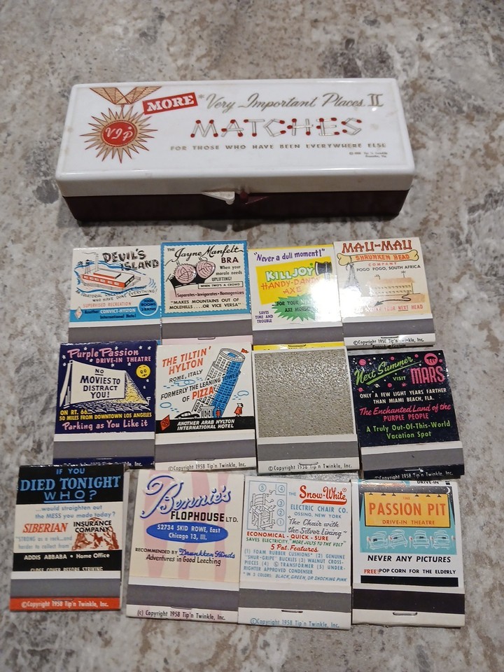 A novelty matchbook set where each matchbook spoofs a ridiculous 'Very Important Place' — a complete, quirky conversation piece and perfect gag gift still in new condition.