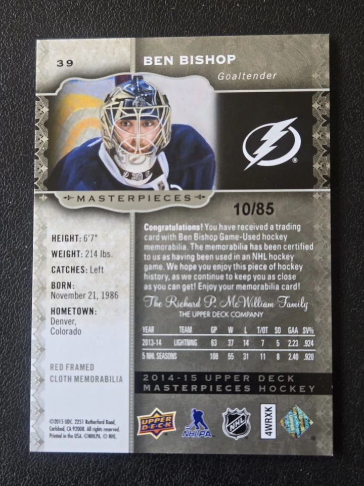 2014 Ben Bishop #39  Upper Deck Red Framed Jersey Memorabilia 10/85 Ben Bishop  - Image 3 of 3