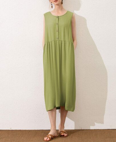 MEOMUA Women's Linen Dress Summer Button Down Sleeveless Cotton Green, S - Picture 2 of 2