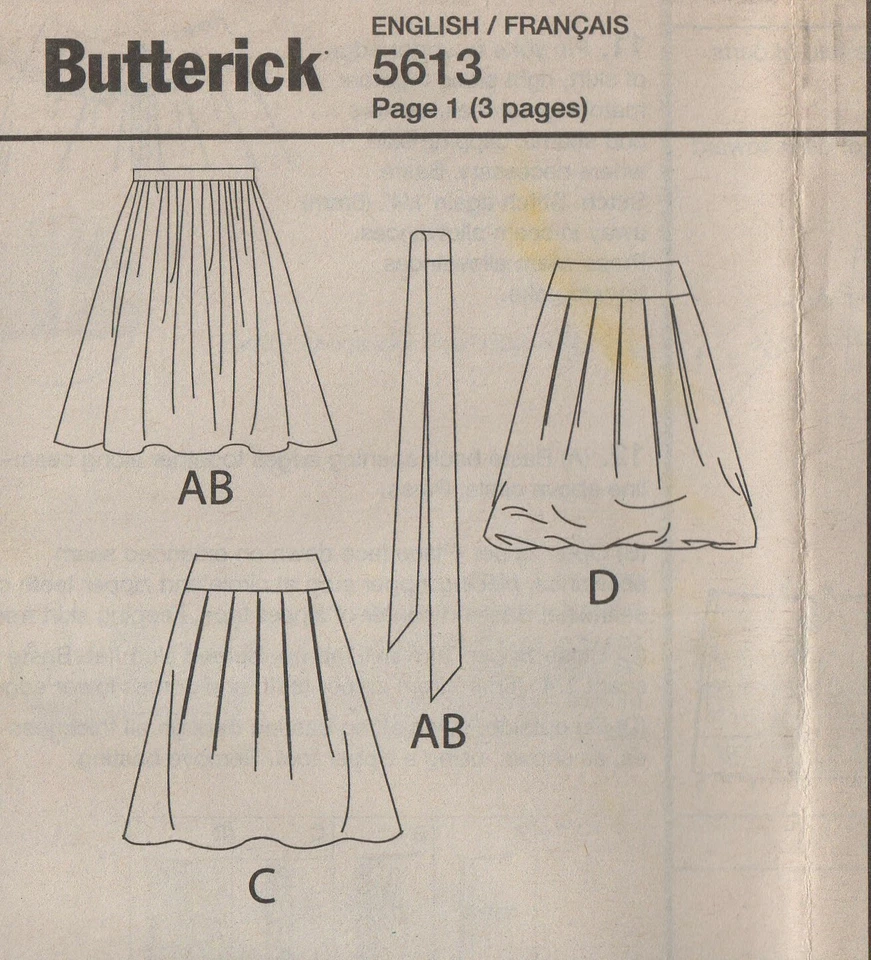 Butterick Sewing Pattern 5613 VERY EASY Flared Skirts Wide Yoke Boarder 14 16 - Image 2 of 4