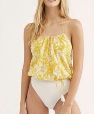 NWT Free People Ivory Combo Yellow Floral Intimately Halter Bodysuit Small