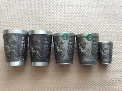 4 Frieling-Zinn Lindenwirtin Weinbecher und 1 Stamperl, von ca. 5cm bis 8cm hoch