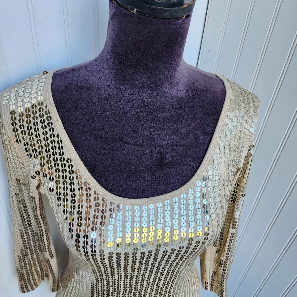 Top Express Gold Lentejuelas 100 % Algodón Pima Para Mujer Pequeño Glamour Manga 3/4 Talla XS  Foto 4 de 4