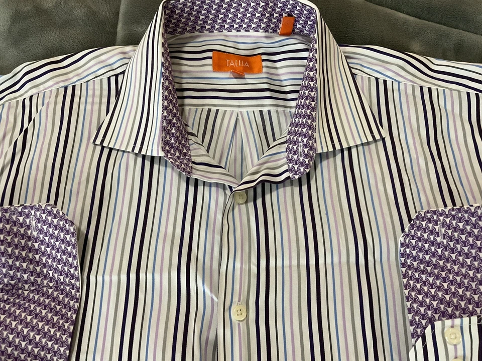 Tallia Multi-Color Purple Striped L/S Contrast Cuff Mens Shirt Sz XL - 17.5 - Image 4 of 4