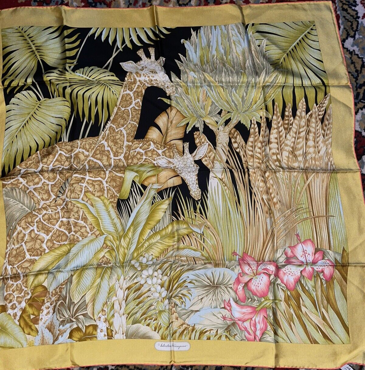 SALVATORE FERRAGAMO TWILL SILK SQUARE SCARF GIRAFFES/FLORAL PRINT SALVATORE FERRAGAMO TWILL SILK SQUARE SCARF GIRAFFES/FLORAL PRINT