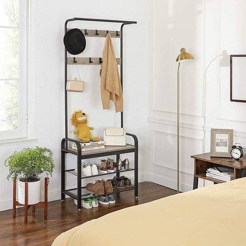 Greige and Black Steel Freestanding Coat Rack Stand with Removable Hooks, Bench - Picture 3 of 7