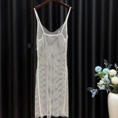 Damen Durchsichtig Netz Funkelnd Strass Unterhemd Kleid Bedecken Netz Outfit - Bild 1 von 4