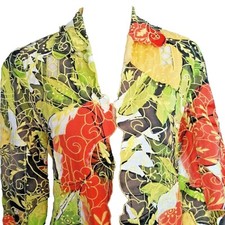 CHICO S SZ 0 Open Front Jacket Linen Blend Cut Out Embroidered Floral Tropical
