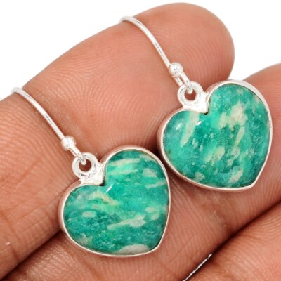 Herz - Natürlicher Amazonit 925 Sterling Silber Ohrringe Schmuck CE47118