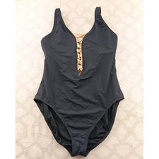 BLEU ROD BEATTIE One Piece Swimsuit Black Rose Gold Lace Up V Neck Size 14