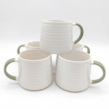 Coffe Mugs Tea Cups 13oz White Ribbing Textured Finish Green Painted Hand