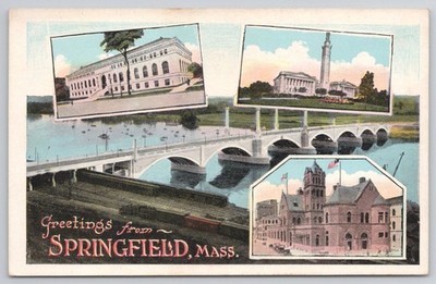 Greetings from Springfield MA Mass. Multiple Views Bridge Tower Old Buildings PC