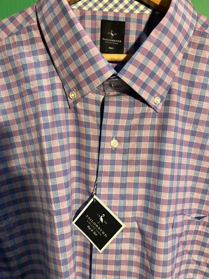 Camisa social masculina TaylorByrd Collection 4XLT nova com etiquetas roxa azul xadrez Gingham longa - Imagem 2 de 4