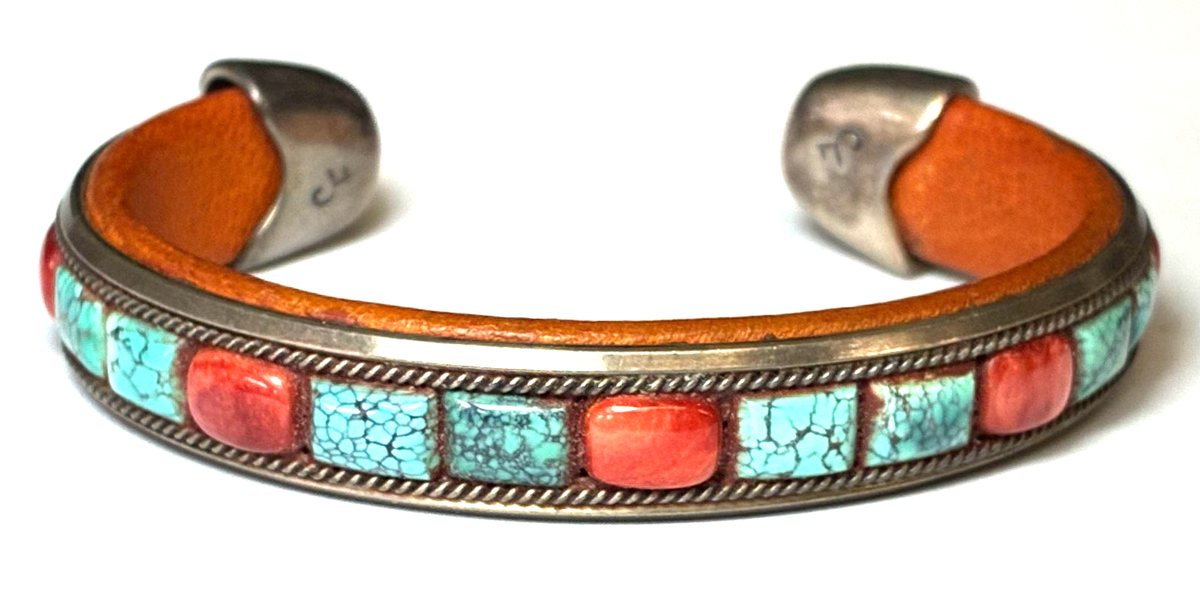 Sterling Charlie Favour Leather Turquoise Coral Cuff Bracelet 11mm