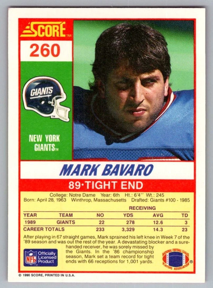 1990 Score Mark Bavaro New York Giants #260 - Image 2 of 2