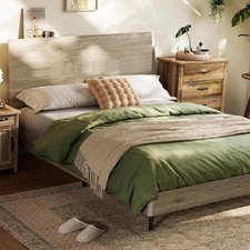 Full Size Bed Frame Wood with Ergonomic Headboard, Farmhouse Wood Bed Frame F...