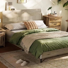 Full Size Bed Frame Wood with Ergonomic Headboard, Farmhouse Wood Bed Frame F...