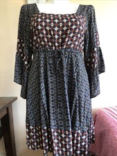 Umgee Blue Red PATTERNED 3/4 SLEEVE 1XL Empire Waist Midi Boho Open Back Peasant