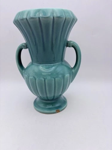 Vintage MCM McCoy Pottery Double Handled Vase Aqua/Teal - USA - 8.5" Tall