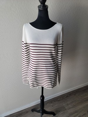 White House Black Market Long Sleeve Womens Clothing Striped Ivory Burgundy -M