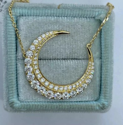Crescent Moon Pendant 1.50 Ct Round Cut Real Moissanite 14K Yellow Gold Plated