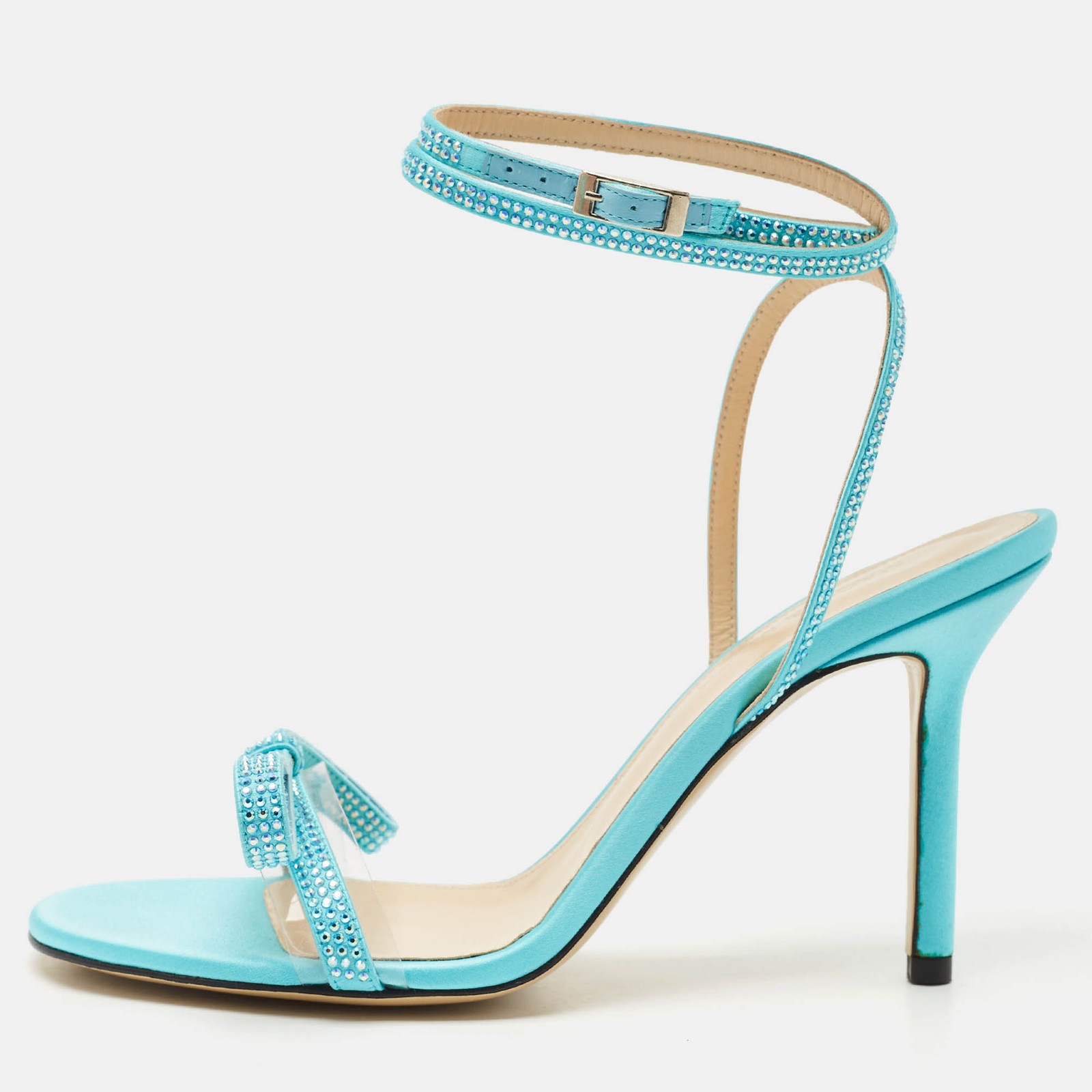 Mach Mach French Bow Size 37.5 Blue PVC and Satin Ankle Strap Sandals