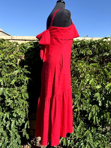 Magaschoni SZ XS Tango Red Sleeveless Tiered linen blend Bow back Midi Dress-NWT - Picture 5 of 15