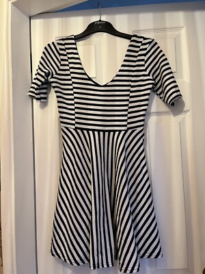 river island striped nautical skater textured dress size 10 navy white