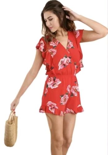 Women's Shorts Romper Red And Floral Print Size Large New Retail $48