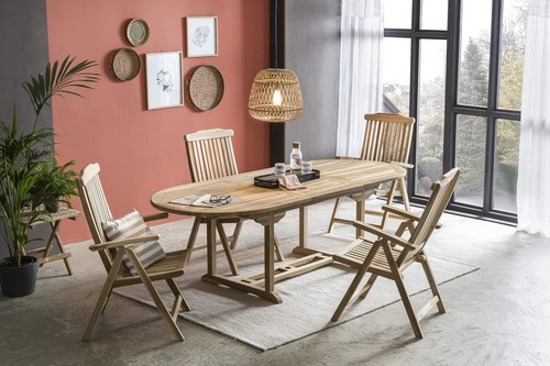 Sitzgruppe Teakholz mit Tisch und vier Armlehnstühlen Naturbelassen 5-teilig - Bild 3 von 3