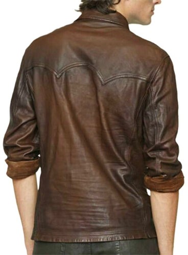 Men's Leather Shirt Real Lambskin Basic Vintage Brown Soft Jacket Biker Slim Fit - Picture 3 of 8