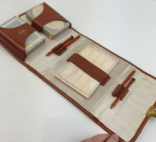 Vintage Leather HOMA Bridge Case Waddington Score Pad & 2 Duty Sealed Pack Cards