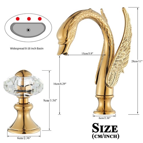 Gold Swan Bathroom Sink Faucet 3 Holes 2 Handle Widespread Basin Vanity Mixer - Picture 9 of 13