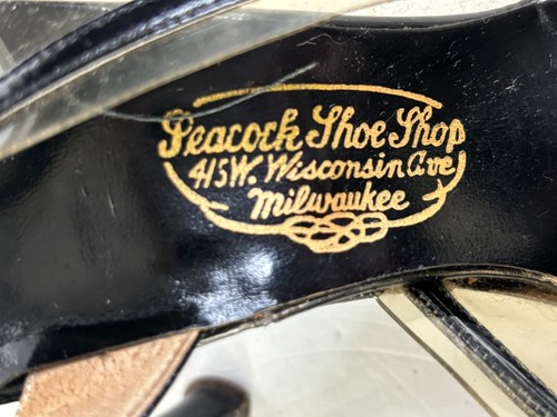 VTG 40'S-50'S PEACOCK SHOES BLACK&PINK PEARL VINYL&LEATHER SLINGBACK HEELS*6.5 N - Picture 5 of 9