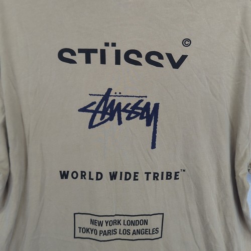 Stussy Short Sleeve T-shirt Shirt Beige Worldwide Tribe Long Line Stüssy XL Mens - Picture 12 of 15