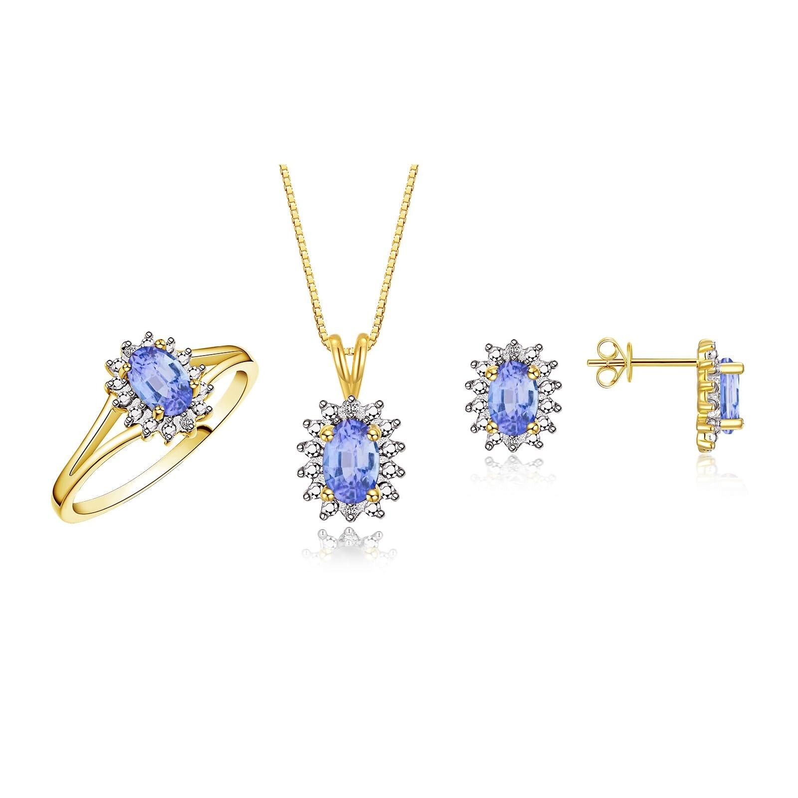 Rylos Womens Yellow Gold Plated Silver Birthstone Ring Earring Pendant Set