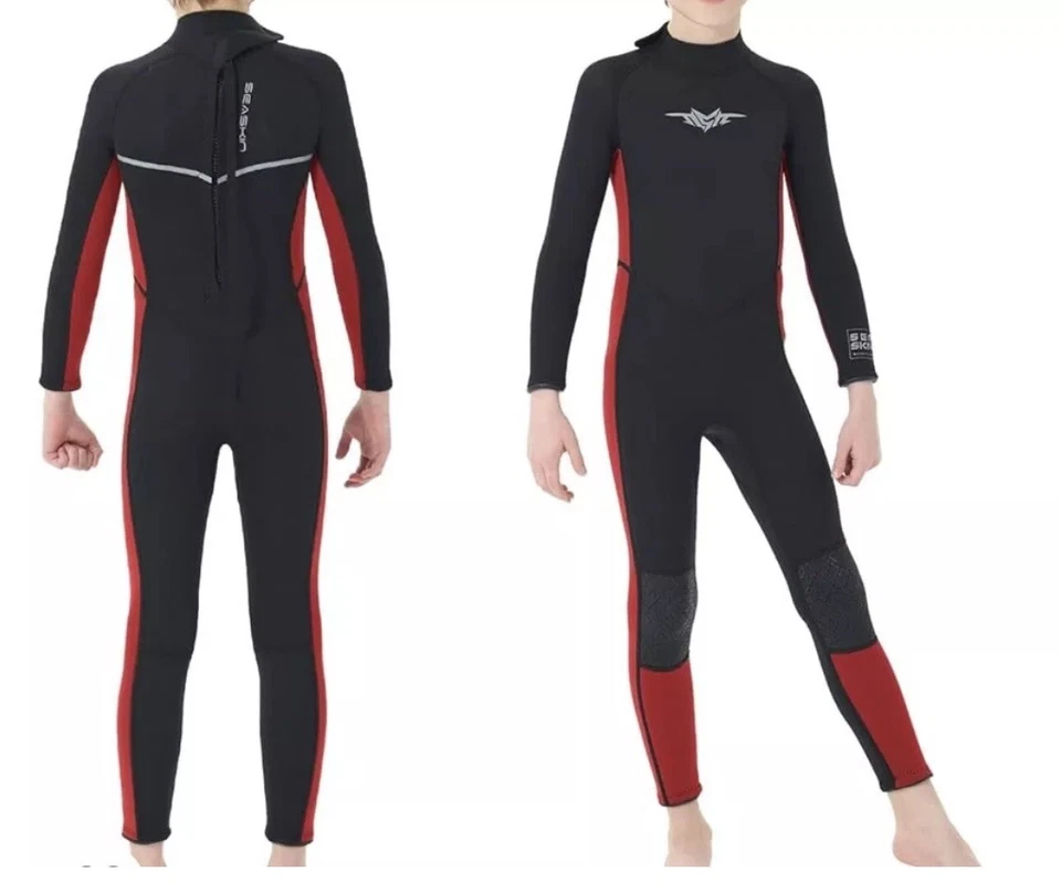 Traje de baño SeaSkin Wet Traits 3MM de neopreno de manga larga para niños negro y rojo con cremallera 2 Foto 2 de 4