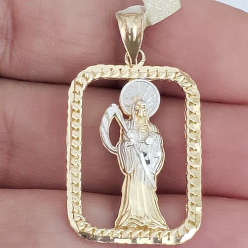 14k Gold santa muerte grim reaper angel of death pendant rectangular 1.25"  - Picture 5 of 10