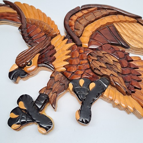 Hand Crafted Intarsia Flying Landing Eagle 3D Wood Art Wall Hanging Plaque 14.5" - Picture 2 of 14