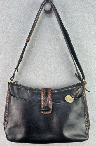 Brahmin Shoulder Bag Tuscan Classic Black Brown Leather Croc Crossbody Adjust