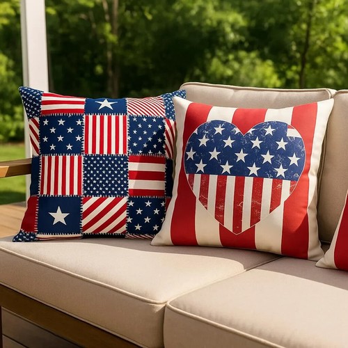 Patriotic Patchwork Pillow Cover American Flag 4th of July, Red White Blue - Picture 5 of 10
