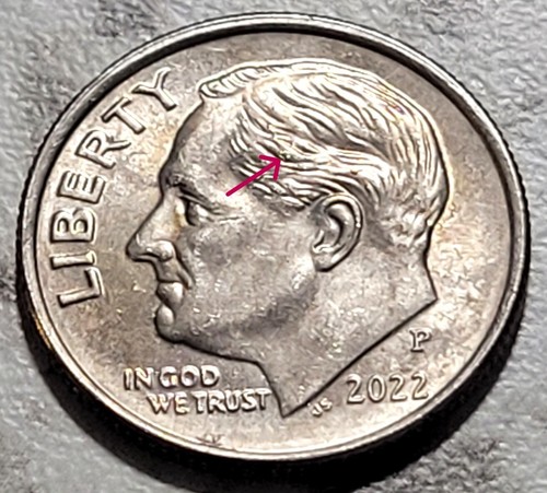 2022 P U.S. Roosevelt Dime BIN595 Die Chip Errors Obverse & Reverse