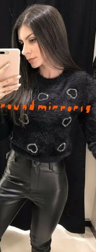 Neu mit Etikett Zara schwarzer flauschiger Pullover Pulli mit Schmucksteinen Herz L UVP 39,99 £