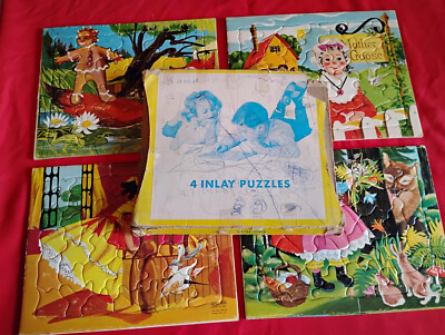 4 Vintage Inlay Puzzles: Mother Goose, Red Riding Hood, Gingerbread Man, etc.