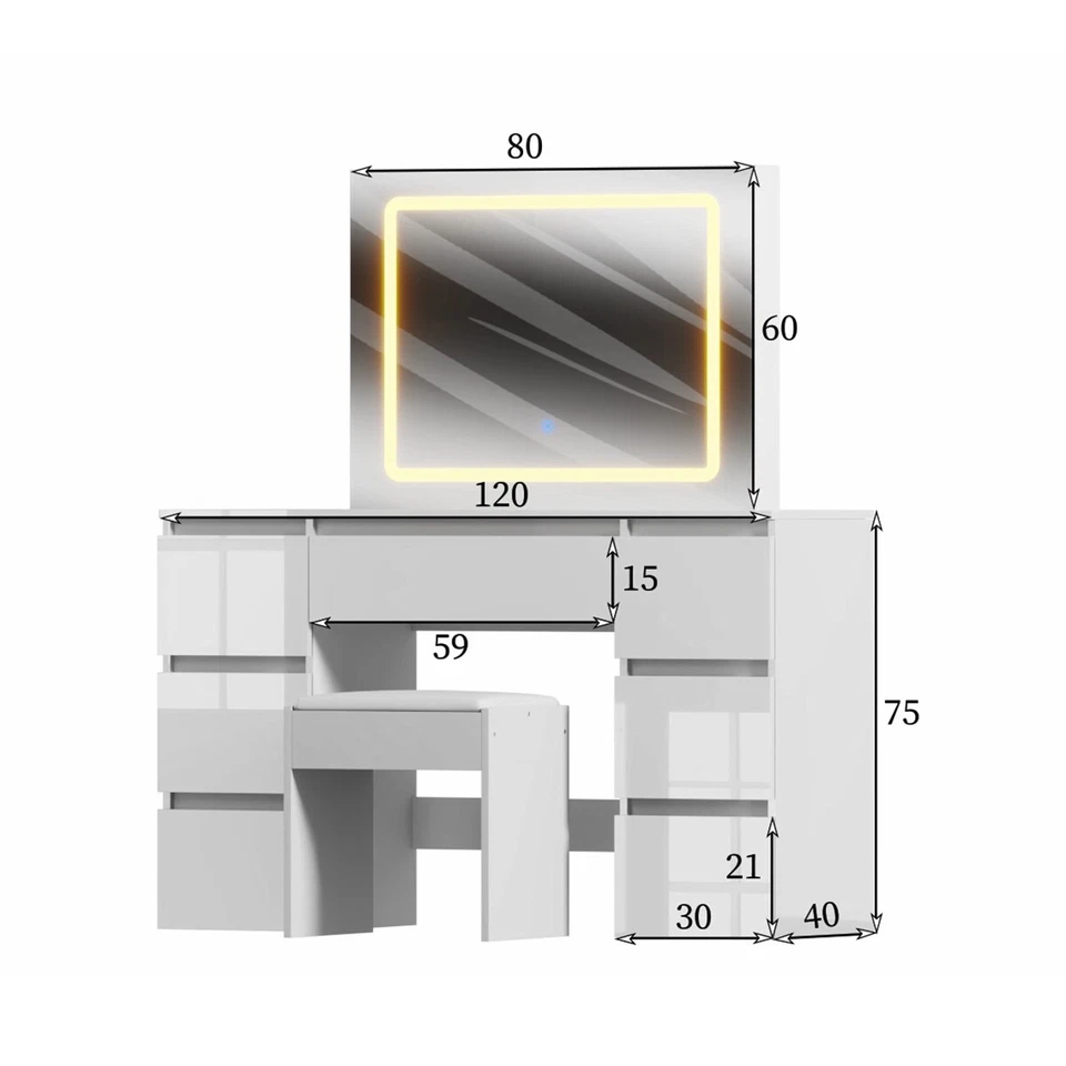 White Dressing Table High Gloss Vanity Makeup Desk 7 Drawers& Stool& LED Mirror - Image 2 of 4