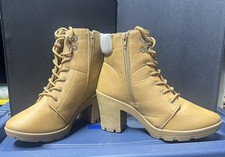 tan lace-up block heel booties With a sparkling rhinestone-embellished collar