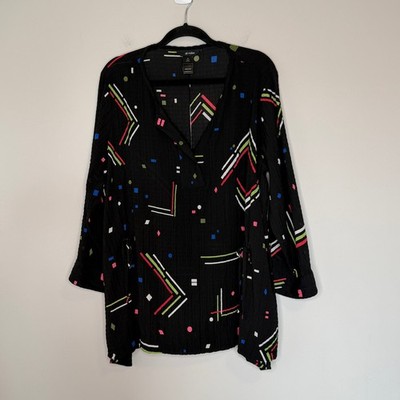 Ali Miles Womens 2X Black Geometric Abstract Crinkle Tunic Top V-Neck Side Tie