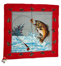VINTAGE Red Bandana Bass Fishing RN 16463 50/50 Cotton/Polyester Made in USA